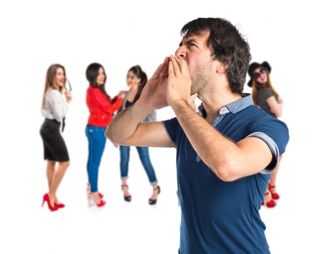 Man shouting over isolated white background