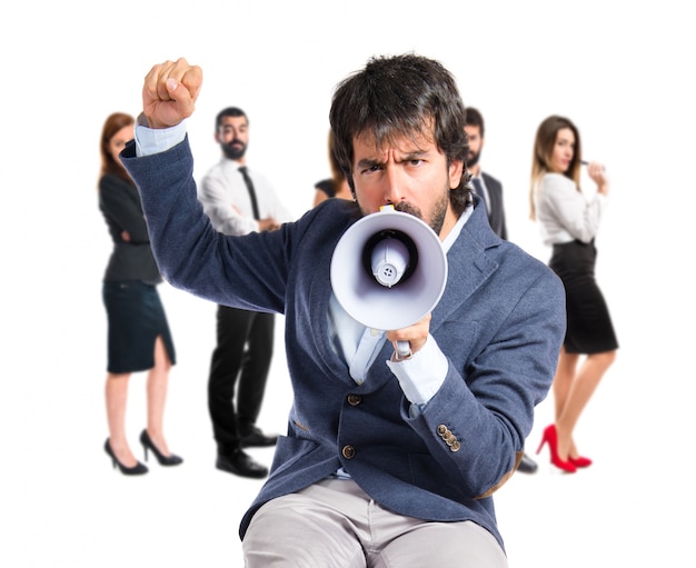 Man shouting over isolated white background