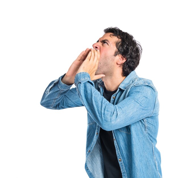 Man shouting over isolated white background