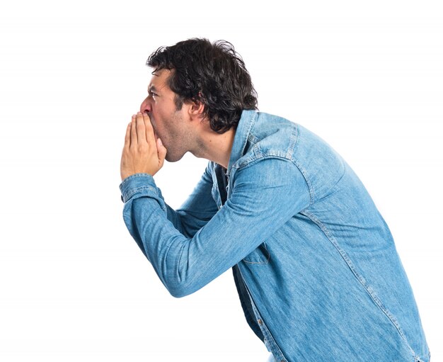 Man shouting over isolated white background