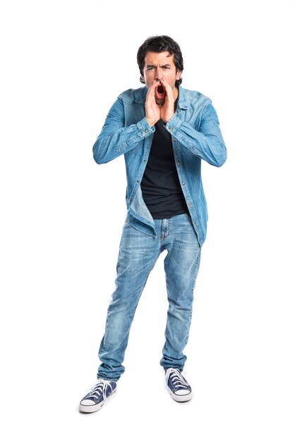 Man shouting over isolated white background