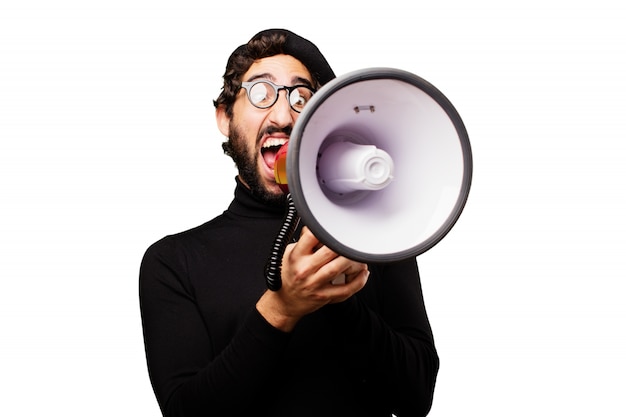 Free photo man shouting through a megaphone