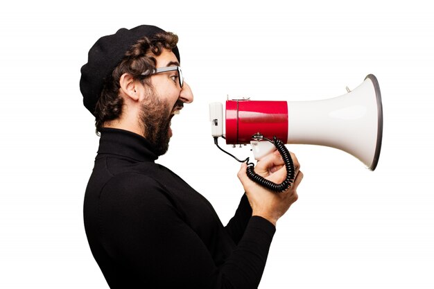 Free photo man shouting through a megaphone