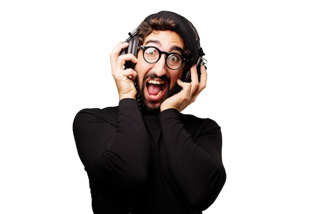 Man shouting while listening through earphones