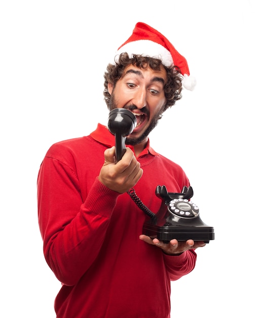 Man shouting with handset in his hand