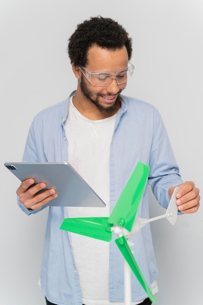 Man showing wind energy innovation