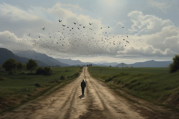 Man silhouette on empty road