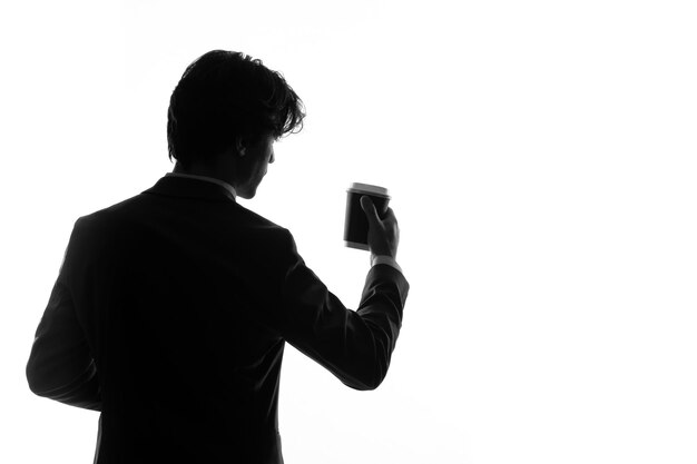 Man silhouette in suit with coffee back view shadow back lit white background