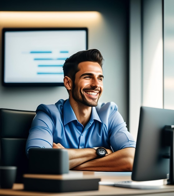 A man sits at a desk in front of a computer screen that says'business'on it