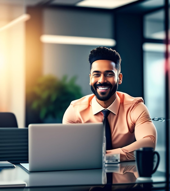 A man sits at a desk with a laptop and a mug of coffee.