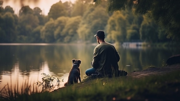 A man sits with his dog on the edge of a lake