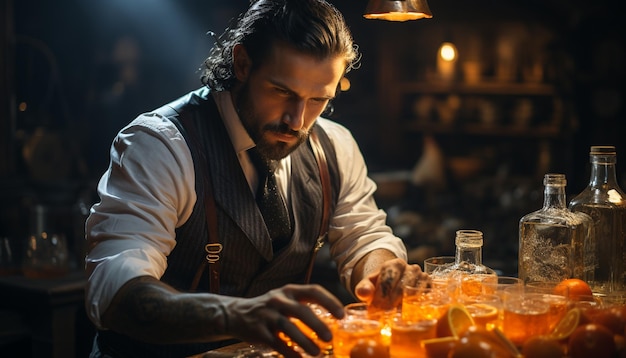 Free photo a man sitting at a bar holding a whiskey glass generated by artificial intelligence