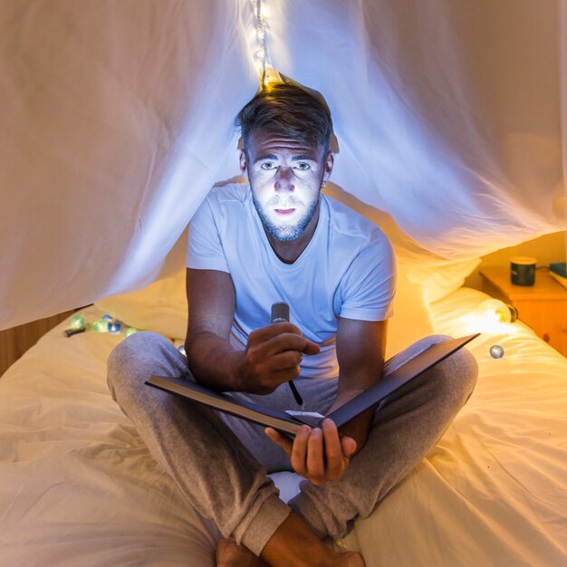 앨범을 들고 침대에 커튼 아래에 앉아있는 남자는 손전등으로 자신의 얼굴을 강조