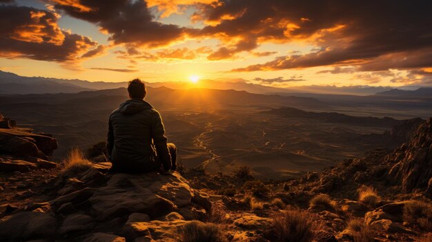 Man sitting on a rock and watching the sunset in the mountains