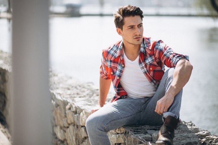 Free Photo man sitting on rocks