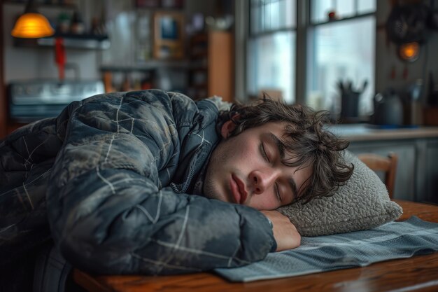 Man sleeping on wooden table