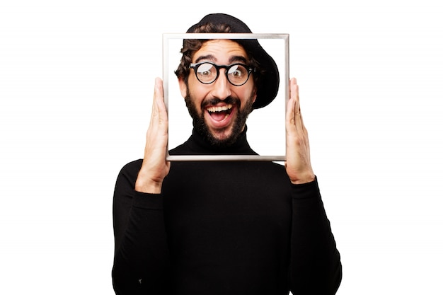 Free photo man smiling through a frame