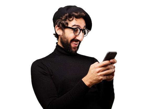 Man smiling typing on a smartphone