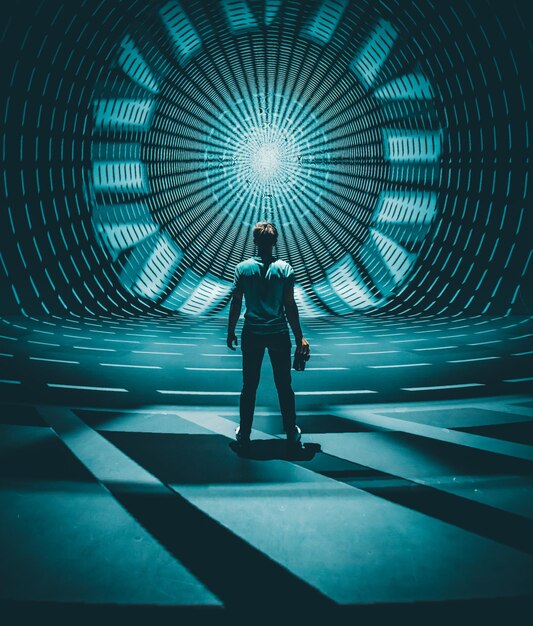 Man standing in front of symmetrical light projection