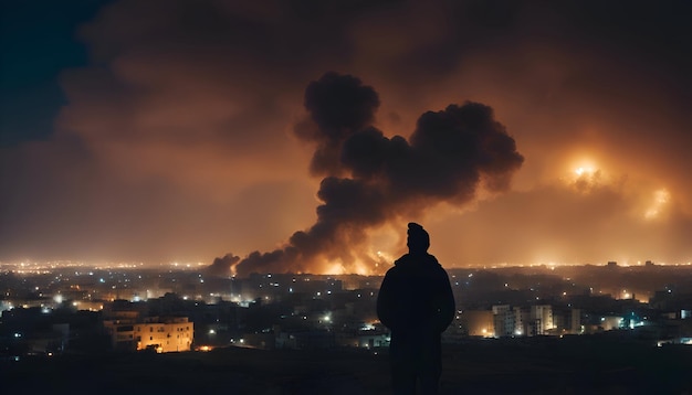 무료 사진 언덕 위에 서서 밤에 불타는 도시를 바라보는 남자