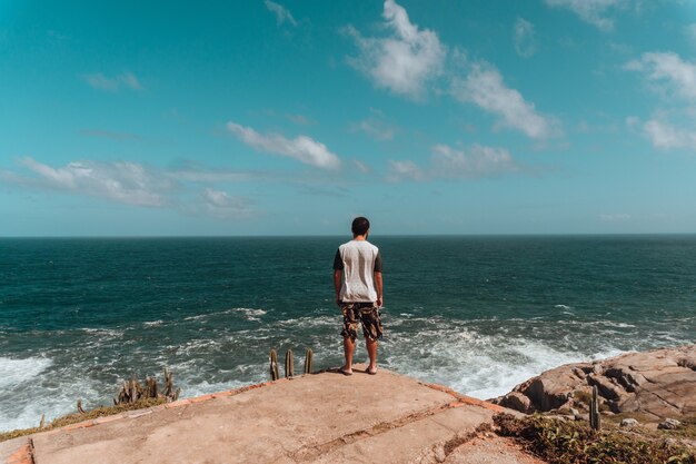 日光と青い空の下で緑と海に囲まれた岩の上に立っている男