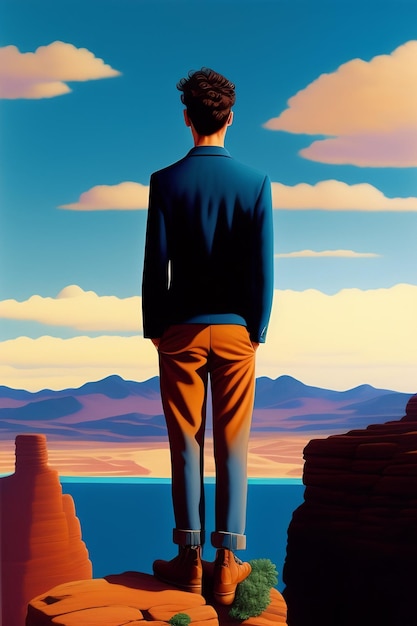 A man stands on a cliff looking at the horizon.