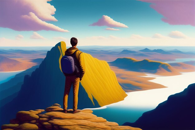 A man stands on a cliff looking at a mountain range.