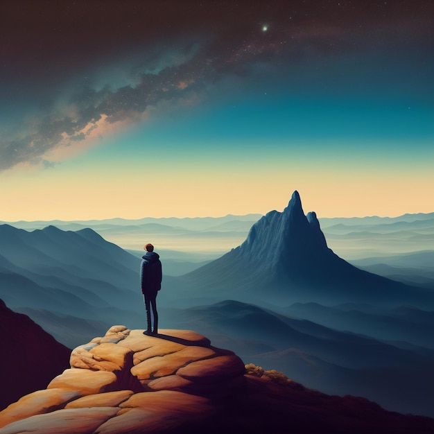 A man stands on a cliff looking at the mountains.