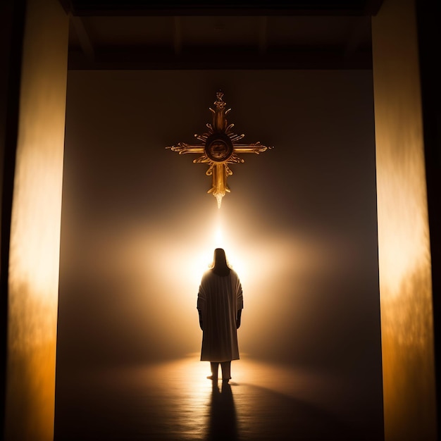 Foto gratuita un uomo si trova in una stanza buia con una croce sullo sfondo.