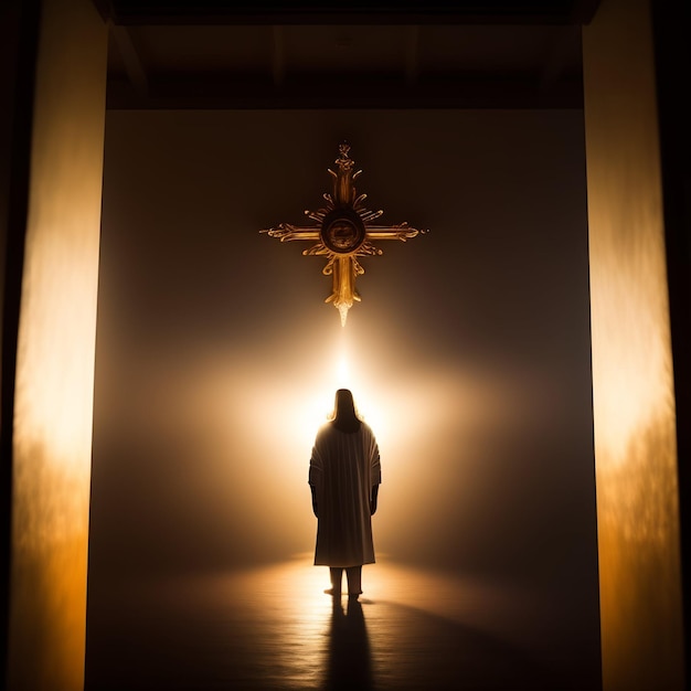 Free photo a man stands in a dark room with a cross in the background.