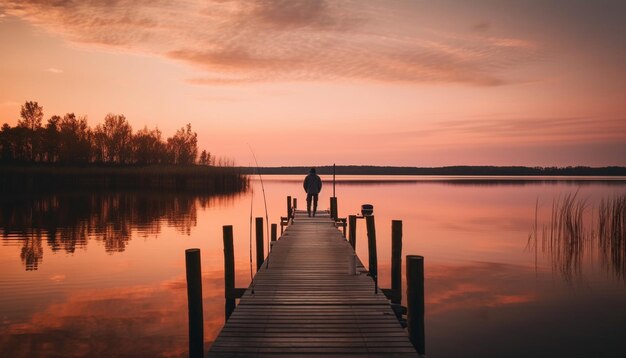 ピンク色の空と太陽が沈む夕日のドックに立つ男。