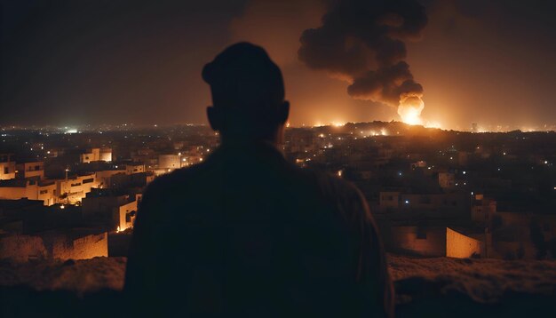 Foto gratuita un uomo si trova di fronte a una casa in fiamme e guarda la città