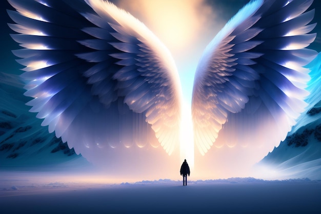 Free photo a man stands in front of a giant angel's wings