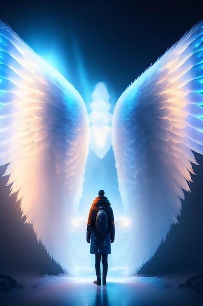 Free photo a man stands in front of a giant angel wings