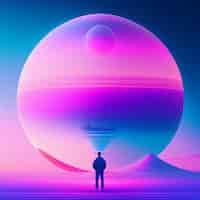 Free photo a man stands in front of a giant planet that has a pink and purple background.