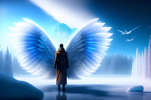 山とその上に翼を持つ青い天使の前に立っている男。