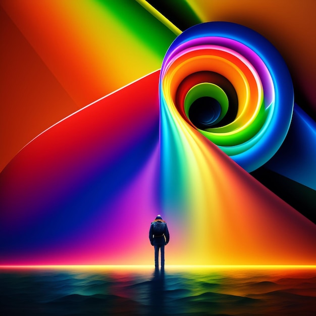 Foto gratuita un uomo si trova di fronte a uno sfondo color arcobaleno.