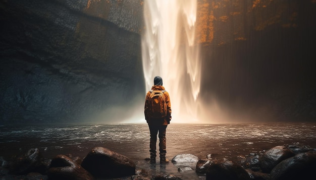 A man stands in front of a waterfall with a backpack on his back.