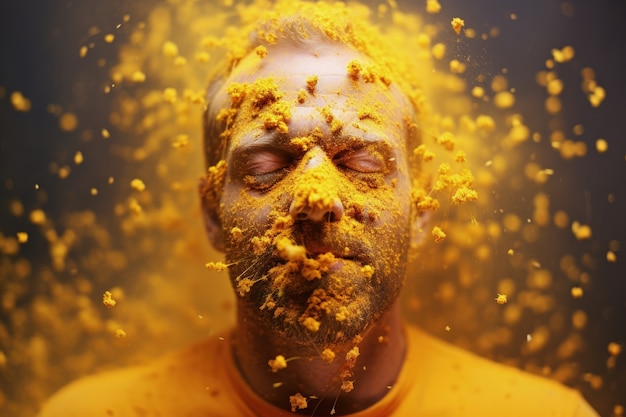 Free photo man suffering from allergy by being exposed to flower pollen outside