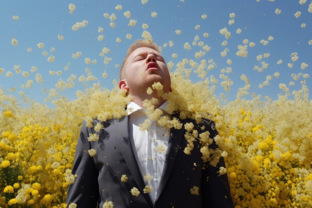 Free photo man suffering from allergy by being exposed to flower pollen outside