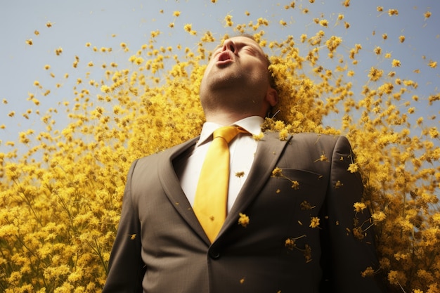 外で花の花粉に曝されることでアレルギーを患う男性