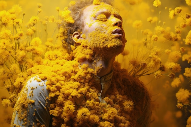 Человек, страдающий аллергией от воздействия цветочной пыльцы на улице