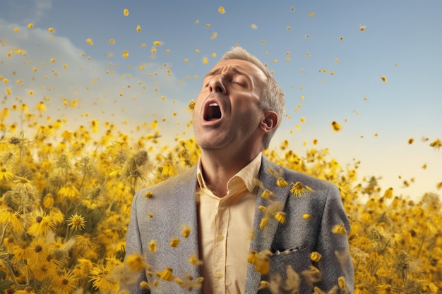 Free photo man suffering from allergy by being exposed to flower pollen outside