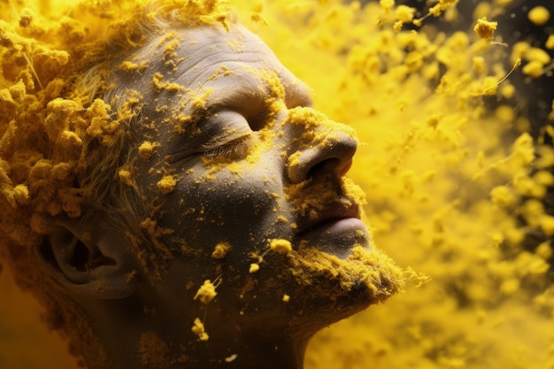 無料写真 外で花の花粉に曝されることでアレルギーを患う男性