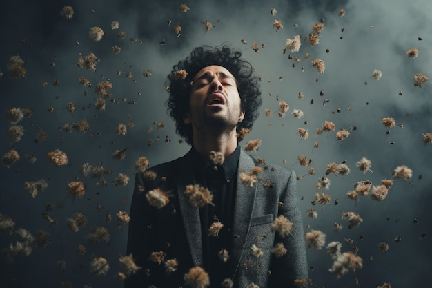 Бесплатное фото Человек, страдающий аллергией от воздействия цветочной пыльцы на улице