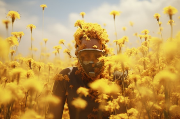 無料写真 外で花の花粉に曝されることでアレルギーを患う男性