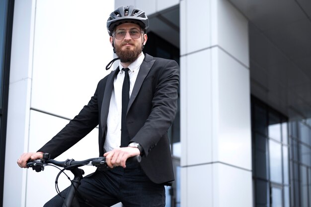 Мужчина в костюме ездит на велосипеде на работу под низким углом