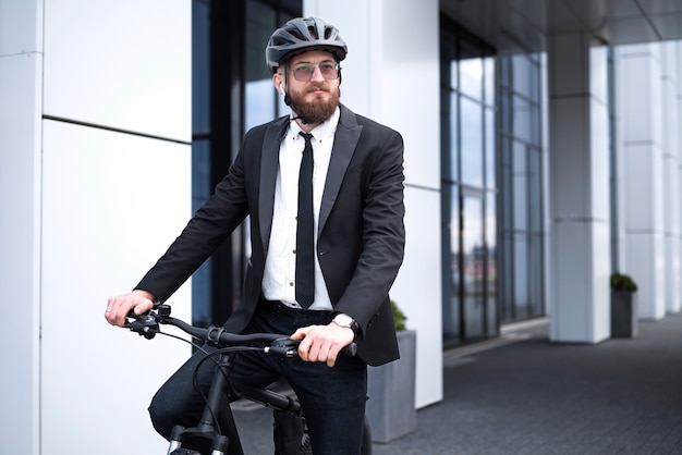 Мужчина в костюме едет на велосипеде на работу, средний план
