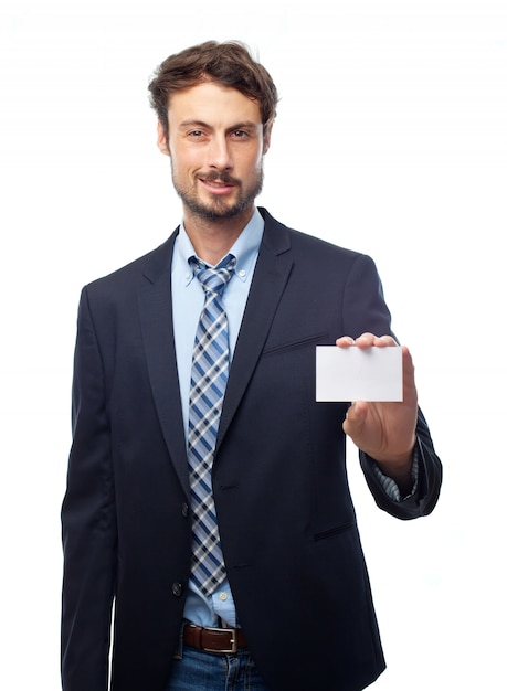 Free photo man in suit holding a card