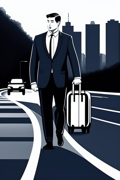 양복을 입은 한 남자가 여행가방을 들고 길을 걷고 있다.